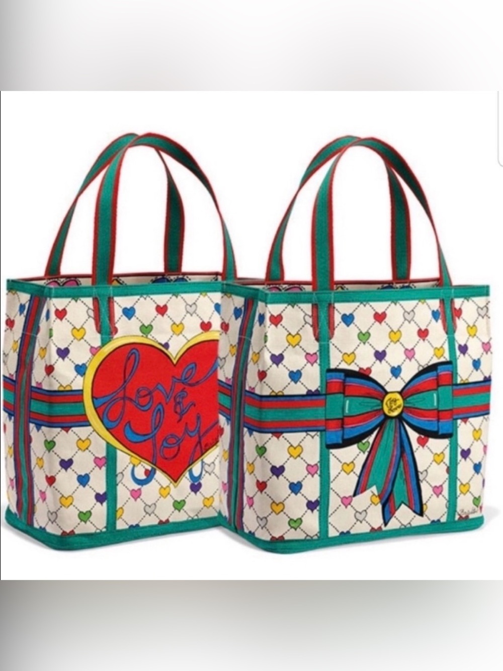 Brighton Canvas Love and Joy Holiday Elf Large Tote with Rainbow Hearts EUC